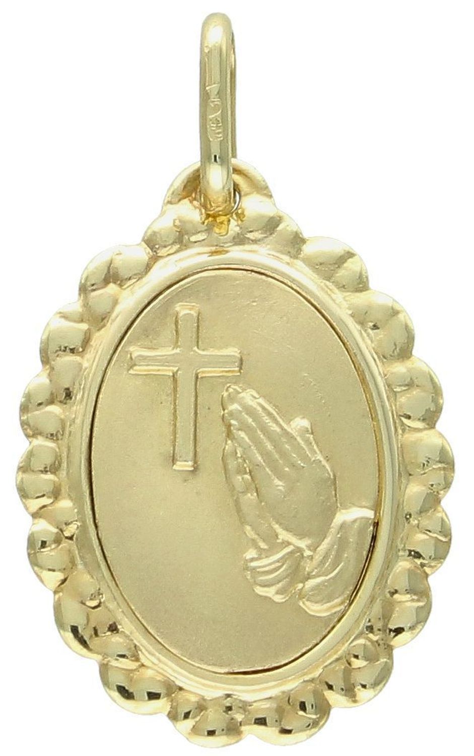 Złota zawieszka medalik z krzyżem i ręce złożone do modlitwy próba 585 A6ZOPE911 PE214897.jpg